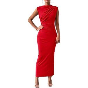 Women's Red Ruched Bodycon Summer Casual Sleeveless Slit Cocktail Elegant Maxi